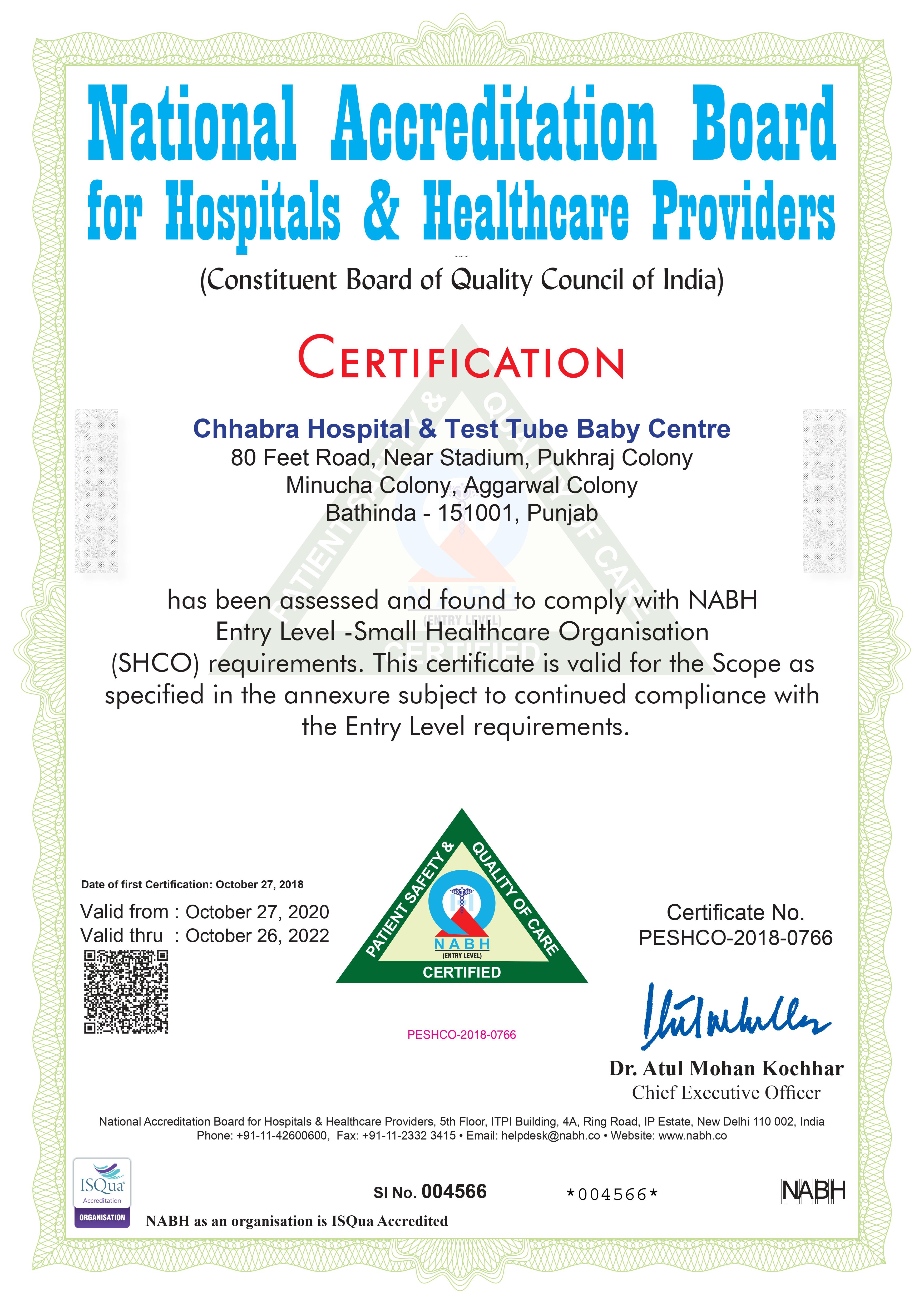 recognization of chhabra hospital
